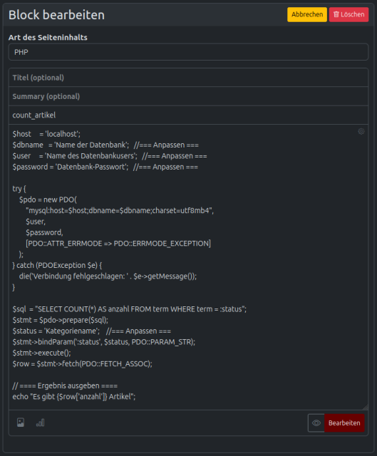 Bildschirmfoto vom Blockeditor