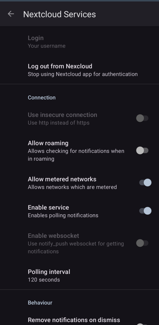 Screenshot des Einstellungsmenüs der App NextcloudServices/Nextcloud-Login und Polling-Intervall